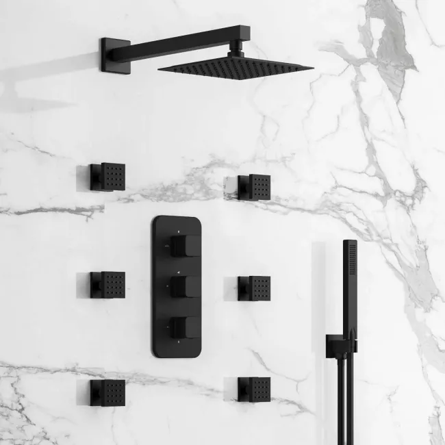 Galway Premium Matt Black Square Thermostatic Set - 200mm Head, Hand Shower & Body Jets