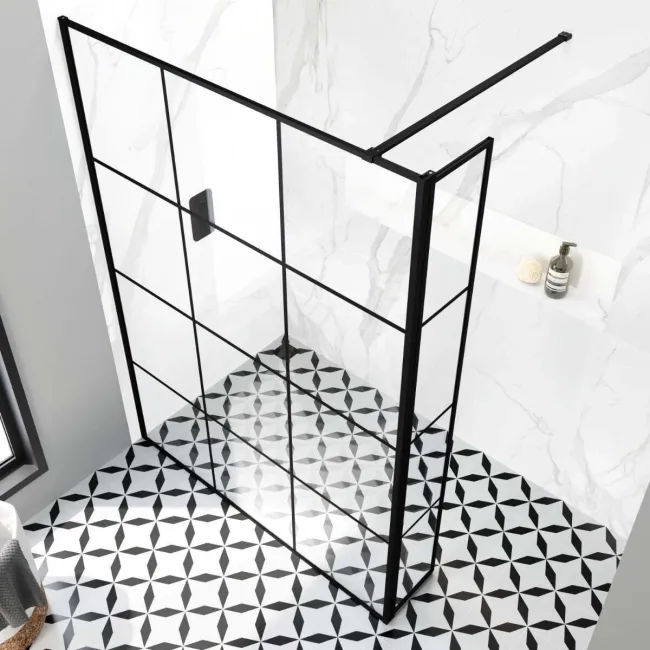 Munich Matt Black Grid 8mm Wet Room Shower Glass 1400mm & 250mm Pivotal Return Panel