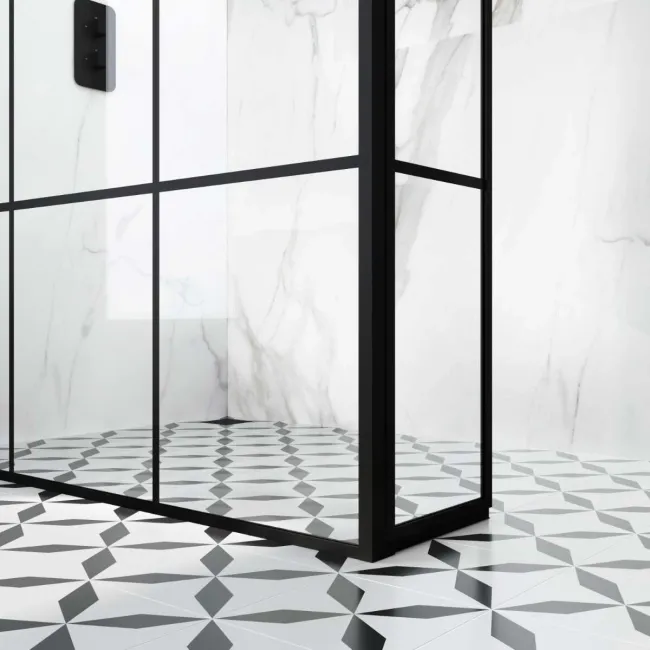 Munich Matt Black Grid 8mm Wet Room Shower Glass 1400mm & 250mm Pivotal Return Panel