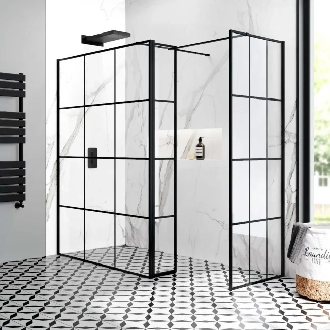Munich Matt Black Grid 8mm Walk In Shower Enclosure 1400mm & 700mm Glass with Pivotal Return Panel