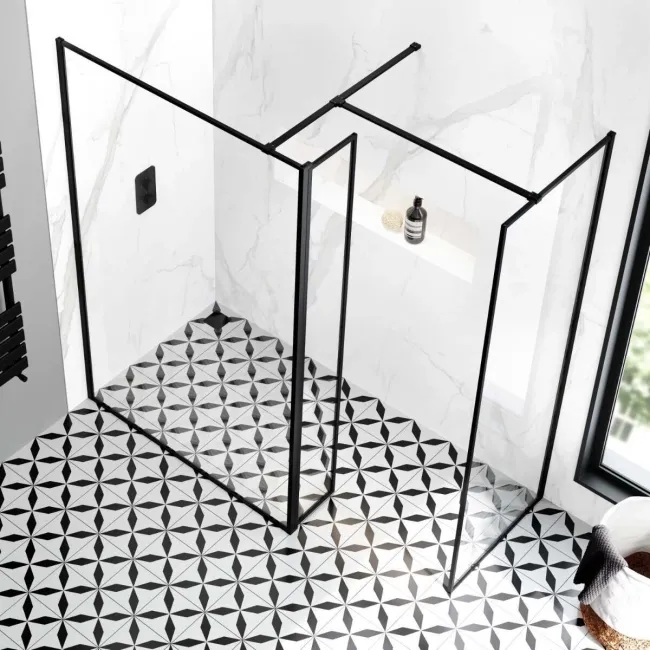 Munich Matt Black Framed 8mm Walk In Shower Enclosure 1200mm & 800mm Glass with Pivotal Return Panel