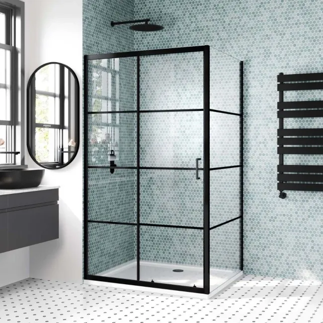 London Matt Black Grid 6mm Sliding Shower Enclosure 1100x900mm