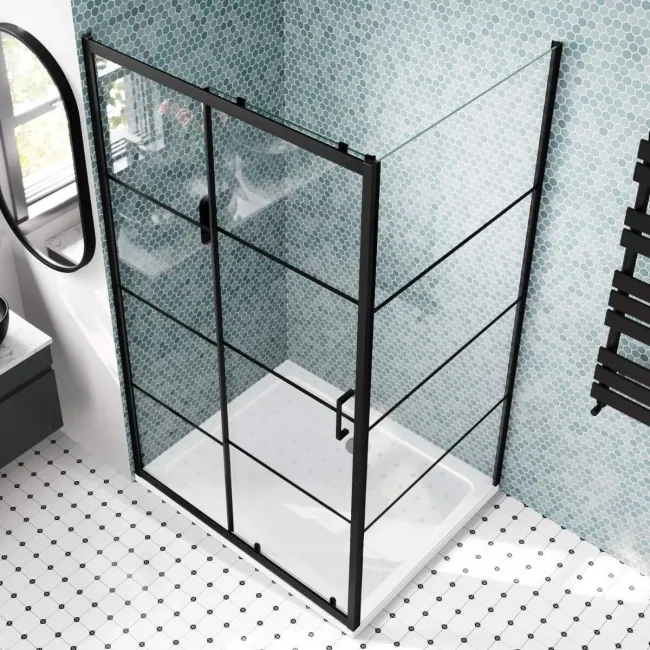 London Matt Black Grid 6mm Sliding Shower Enclosure 1100x900mm