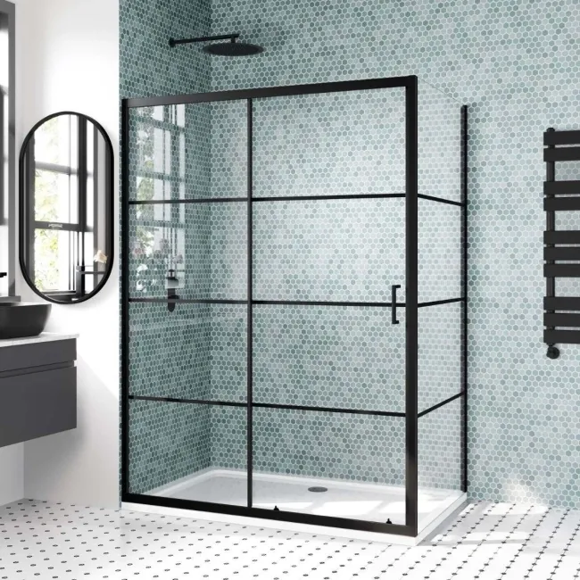 London Matt Black Grid 6mm Sliding Shower Enclosure 1400x800mm