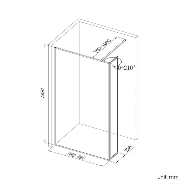 Munich Fluted Effect Matt Black Framed 8mm Wet Room Shower Glass 1000mm & 250mm Pivotal Return Panel