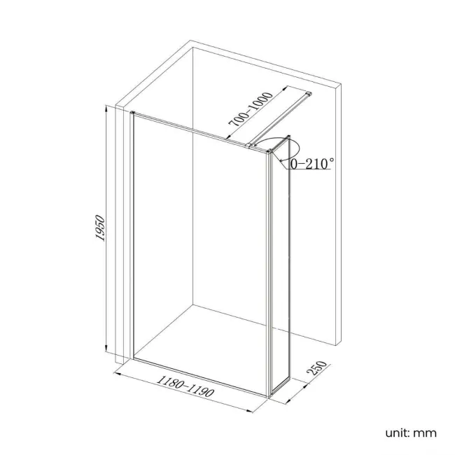 Munich Fluted Effect Matt Black Framed 8mm Wet Room Shower Glass 1200mm & 250mm Pivotal Return Panel