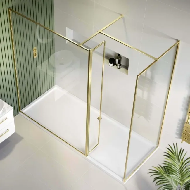 Munich Brushed Brass Framed 8mm Walk In Shower Enclosure 1400mm & 900mm Glass with Return Panel
