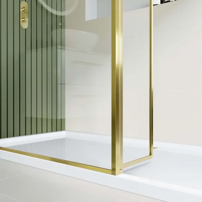 Munich Brushed Brass Framed 8mm Walk In Shower Enclosure 1400mm & 900mm Glass with Return Panel