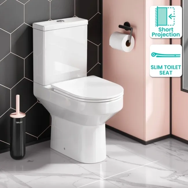 Denver Short Projection Rimless Close Coupled Toilet With Soft Close Slim Seat