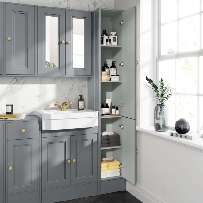 Monaco Dove Grey Floor Standing Tall Cabinet Unit 1900x300mm - Brushed Brass Accents