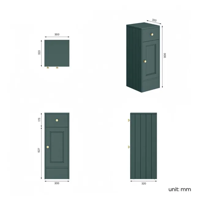 Monaco Midnight Green Side Cabinet Unit 300mm - Brushed Brass Accents