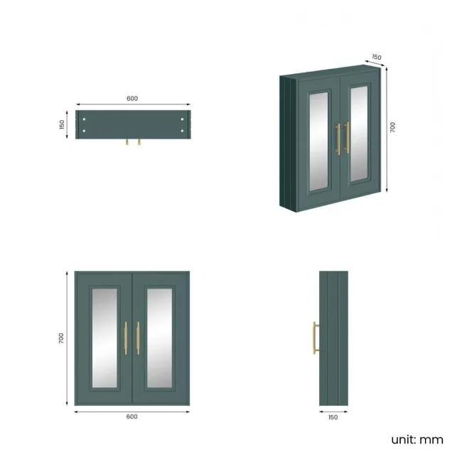 Midnight Green Wall Hung Mirror Cabinet 700x600mm - Brass Knurled Handles