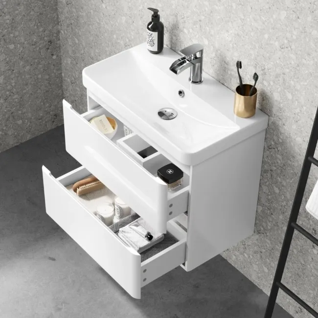 Corsica Gloss White Wall Hung Slimline Basin Drawer Vanity 600mm