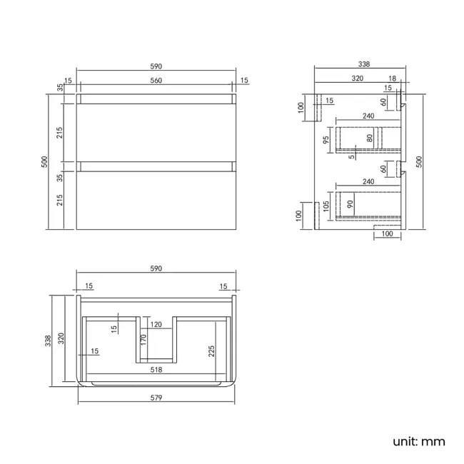 Corsica Storm Grey Wall Hung Slimline Basin Drawer Vanity 600mm