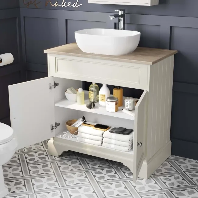 Lucia Chalk White Vanity With Oak Effect Top & Curved Counter Top Basin 840mm
