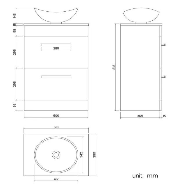 Avon Stone Grey Vanity Drawer with Oval Counter Top Basin 600mm