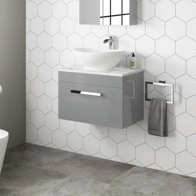 Avon Stone Grey Wall Hung Drawer Vanity with Marble Top & Oval Counter Top Basin 600mm