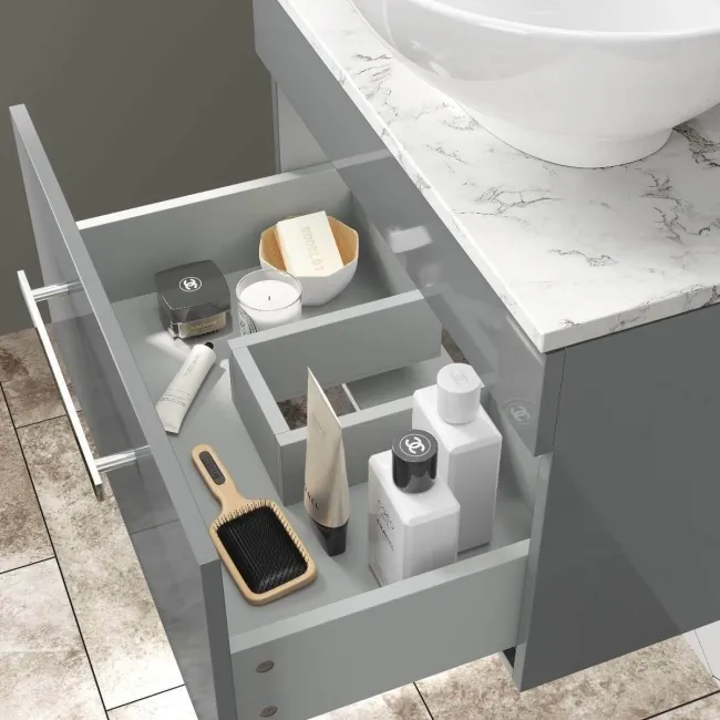 Avon Stone Grey Wall Hung Drawer Vanity with Marble Top & Oval Counter Top Basin 600mm