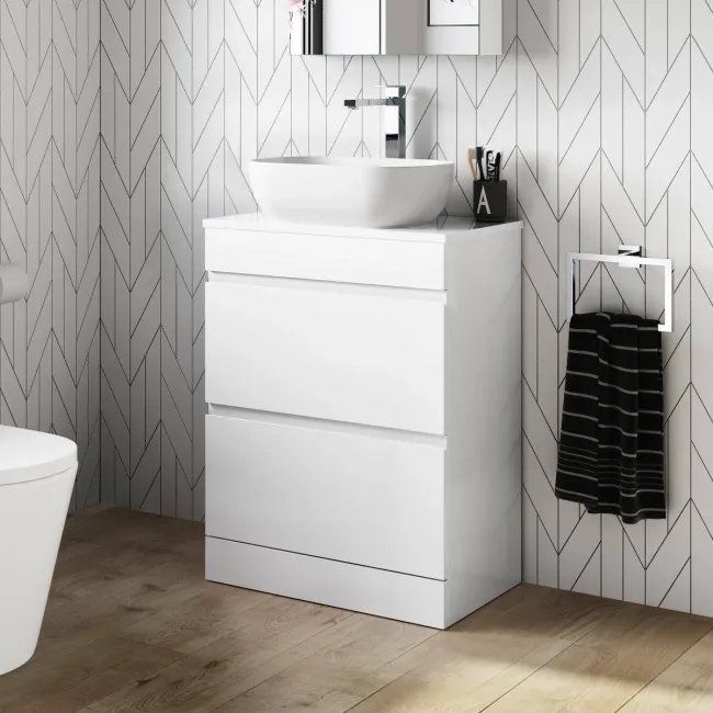 Trent Gloss White Vanity Drawer with Curved Counter Top Basin 600mm