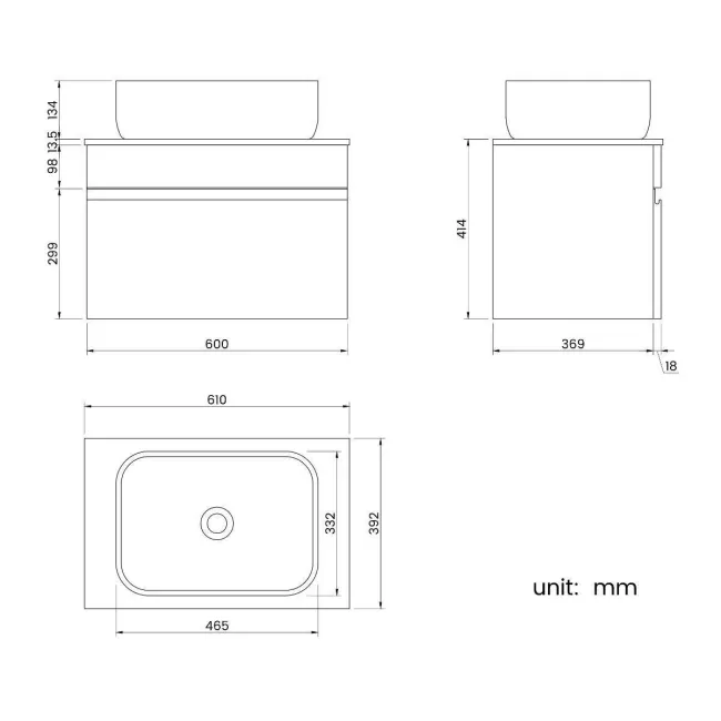 Trent Stone Grey Wall Hung Drawer Vanity with Marble Top & Curved Counter Top Basin 600mm
