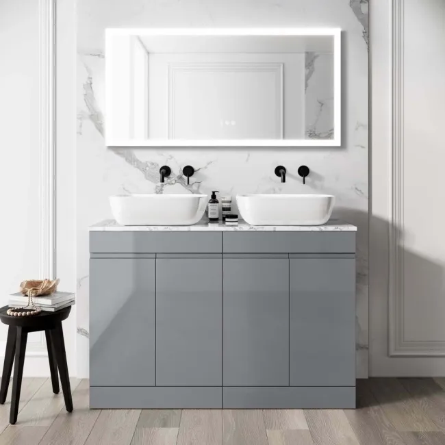 Trent Stone Grey Double Vanity with Marble Top & Curved Counter Top Basin 1200mm