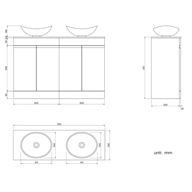 Trent Stone Grey Double Vanity with Marble Top & Oval Counter Top Basin 1200mm