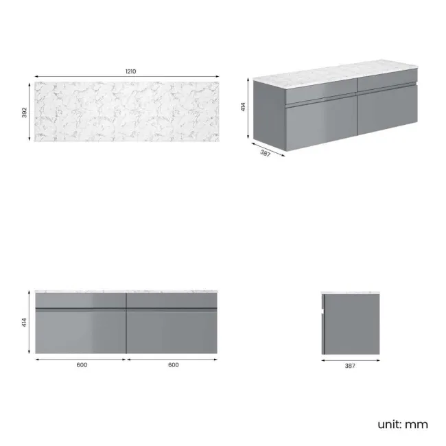 Trent Stone Grey Wall Hung Drawer with Marble Top 1200mm - Excludes Counter Top Basins