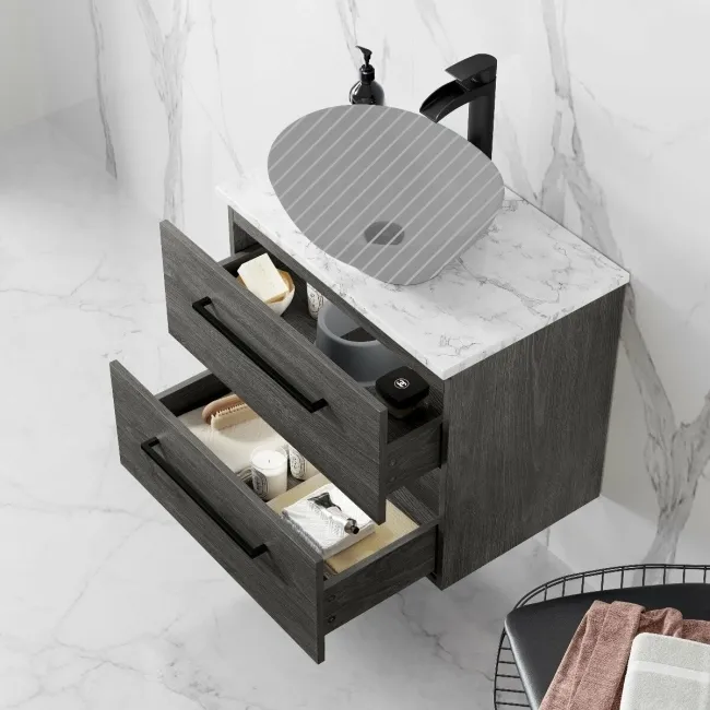 Elba Charcoal Elm Wall Hung Drawer 600mm Excludes Counter Top Basin - Black Accents