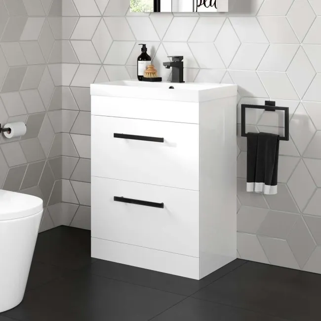 Avon Gloss White Basin Drawer Vanity 600mm - Black Accents