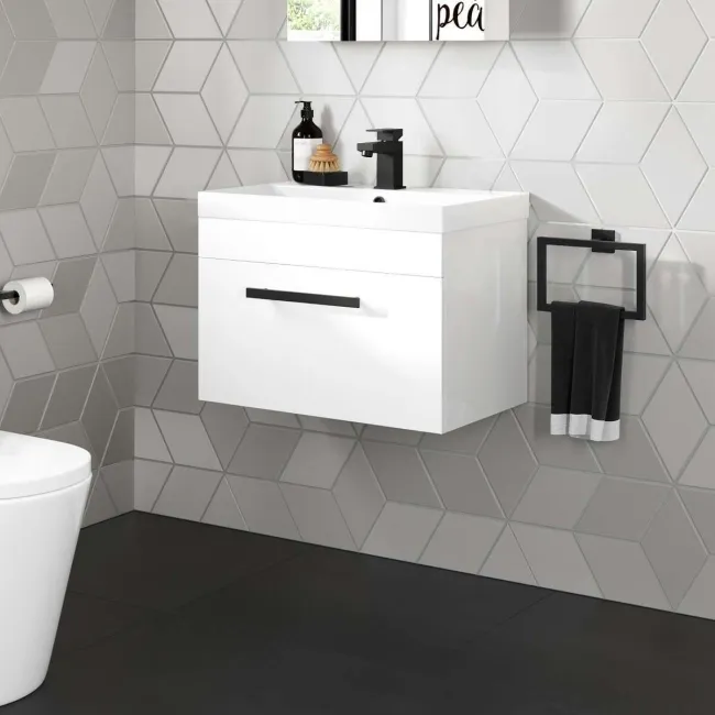 Avon Gloss White Wall Hung Basin Drawer Vanity 600mm - Black Accents