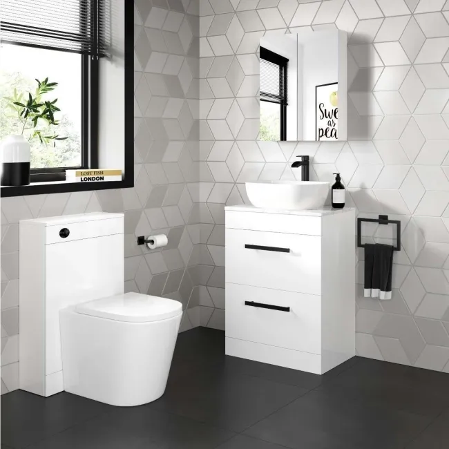 Avon Gloss White Vanity Drawer with Marble Top & Curved Counter Top Basin 600mm - Black Accents