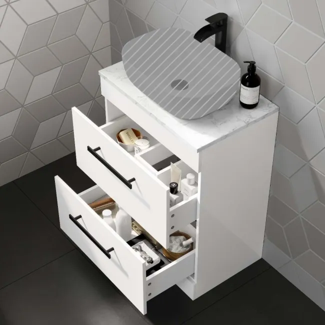 Avon Gloss White Counter Top Vanity Drawer with Marble Top 600mm - Black Accents