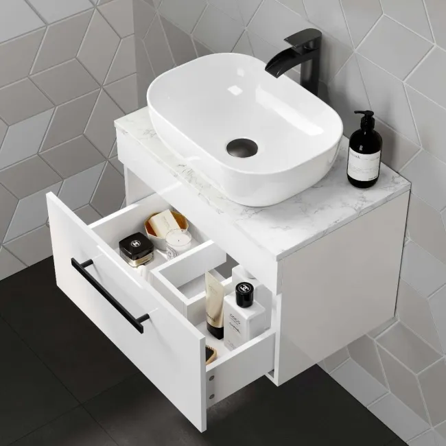 Avon Gloss White Wall Hung Drawer Vanity with Marble Top & Curved Counter Top Basin 600mm - Black Accents
