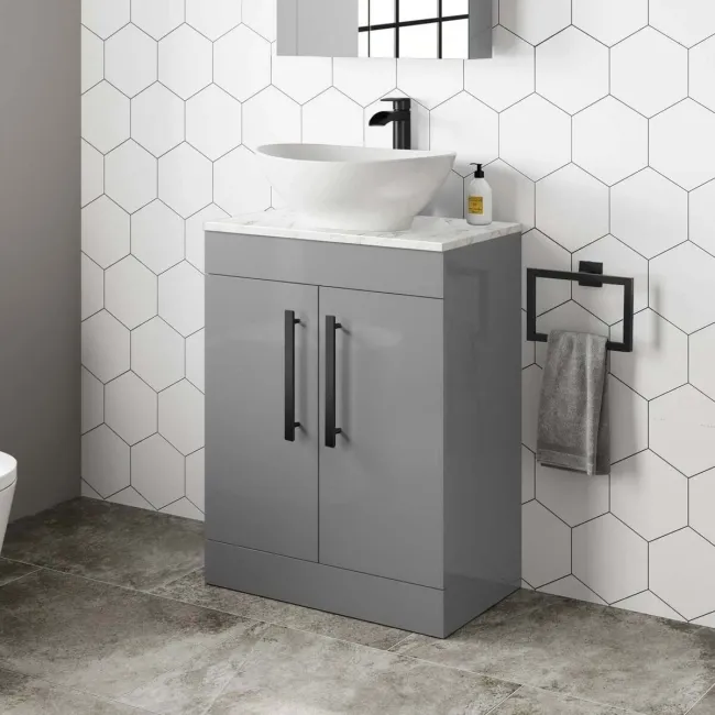 Avon Stone Grey Vanity with Marble Top & Oval Counter Top Basin 600mm - Black Accents
