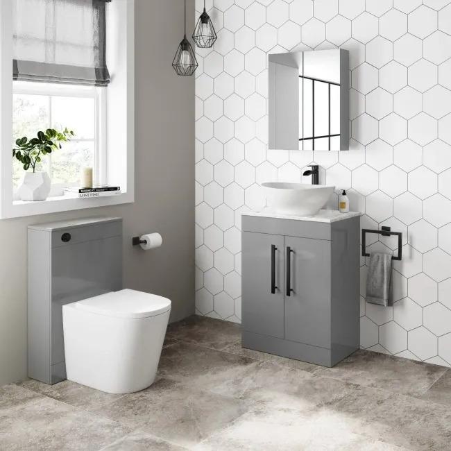 Avon Stone Grey Vanity with Marble Top & Oval Counter Top Basin 600mm - Black Accents