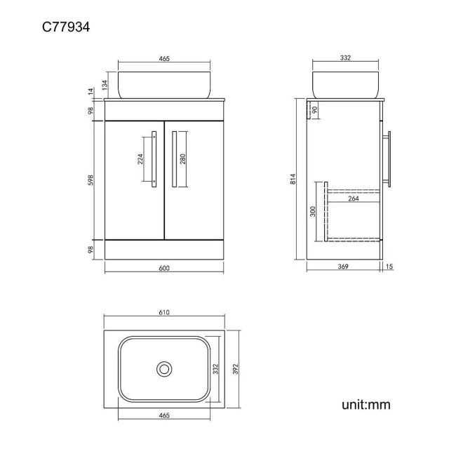 Avon Stone Grey Vanity with Marble Top & Curved Counter Top Basin 600mm - Black Accents
