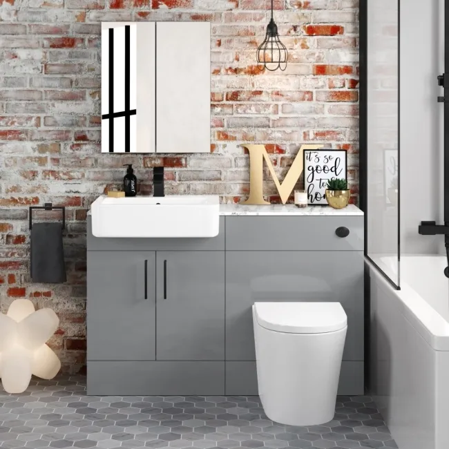 Harper Stone Grey Combination Vanity Basin with Marble Top & Boston Toilet 1200mm - Black Accents
