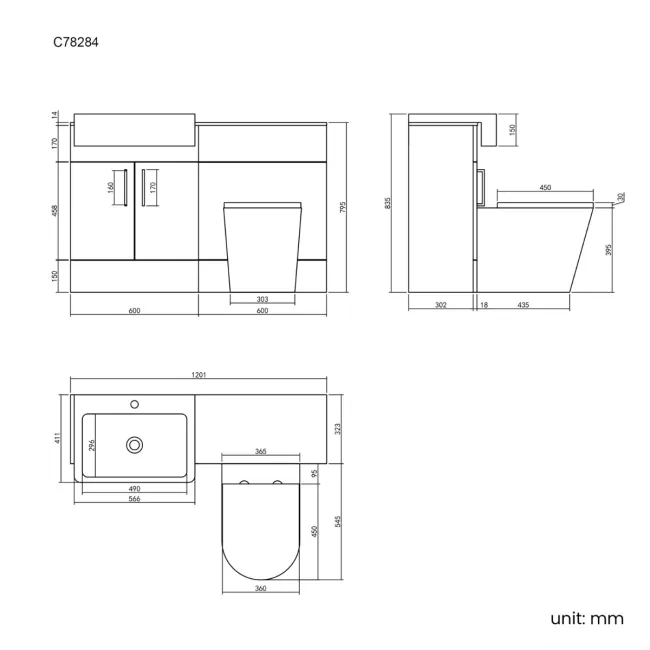 Harper Stone Grey Combination Vanity Basin with Marble Top & Boston Toilet 1200mm - Black Accents