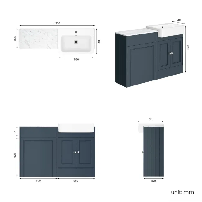 Monaco Inky Blue Combination Vanity Basin with Marble Top 1200mm (Excludes Pan & Cistern)