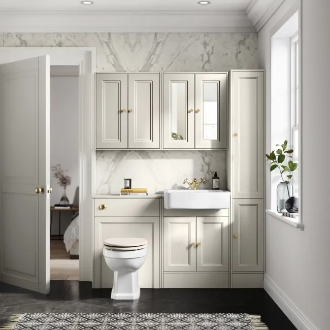 Monaco Chalk White Basin Vanity and Back To Wall Toilet Unit 1200mm (Excludes Pan & Cistern) - Brushed Brass Accents
