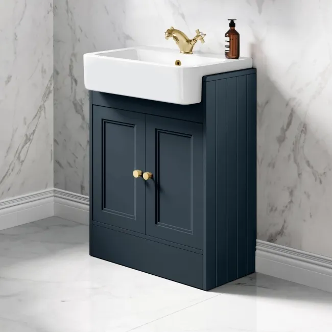Monaco Inky Blue Basin Vanity 600mm - Brushed Brass Accents