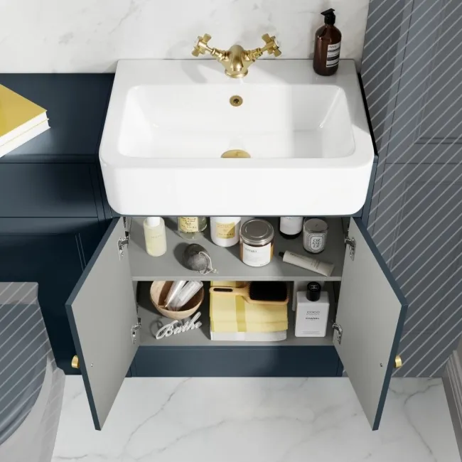 Monaco Inky Blue Basin Vanity and Back To Wall Unit 1200mm (Excludes Pan & Cistern) - Brushed Brass Accents