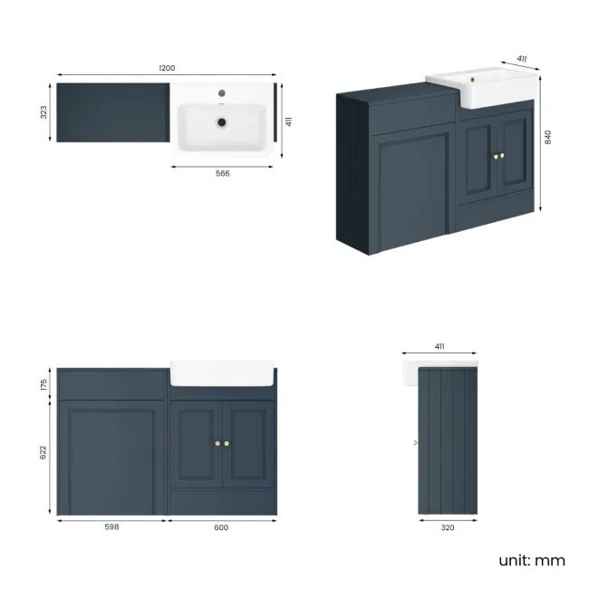 Monaco Inky Blue Basin Vanity and Back To Wall Unit 1200mm (Excludes Pan & Cistern) - Brushed Brass Accents