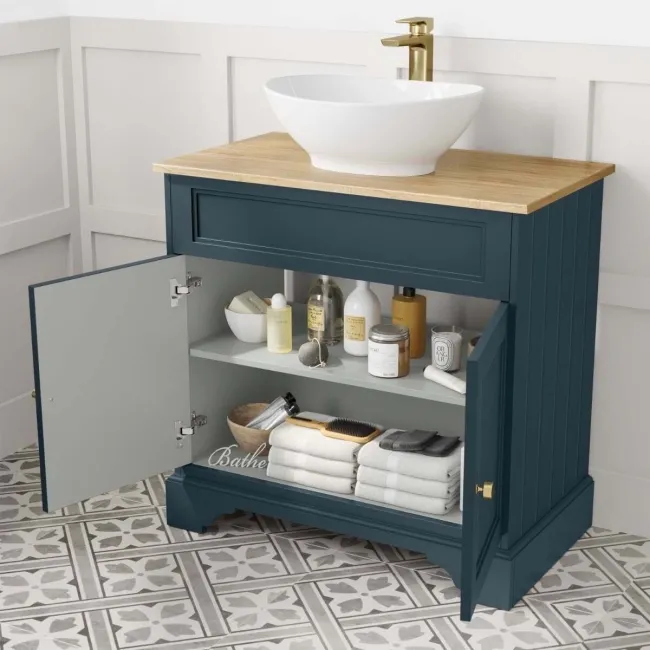 Lucia Inky Blue Vanity with Oak Effect Top & Oval Counter Top Basin 840mm - Brushed Brass Accents