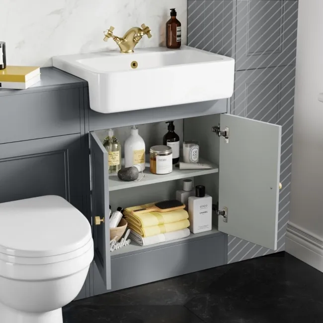 Monaco Dove Grey Combination Vanity Basin and Seattle Toilet 1200mm - Brushed Brass Accents