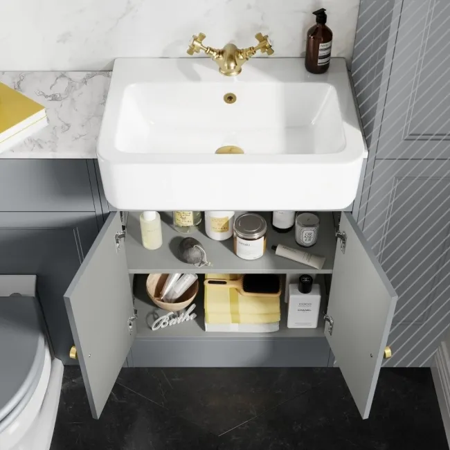 Monaco Dove Grey Combination Vanity Basin with Marble Top & Hudson Toilet with Wooden Seat 1200mm - Brushed Brass Accents