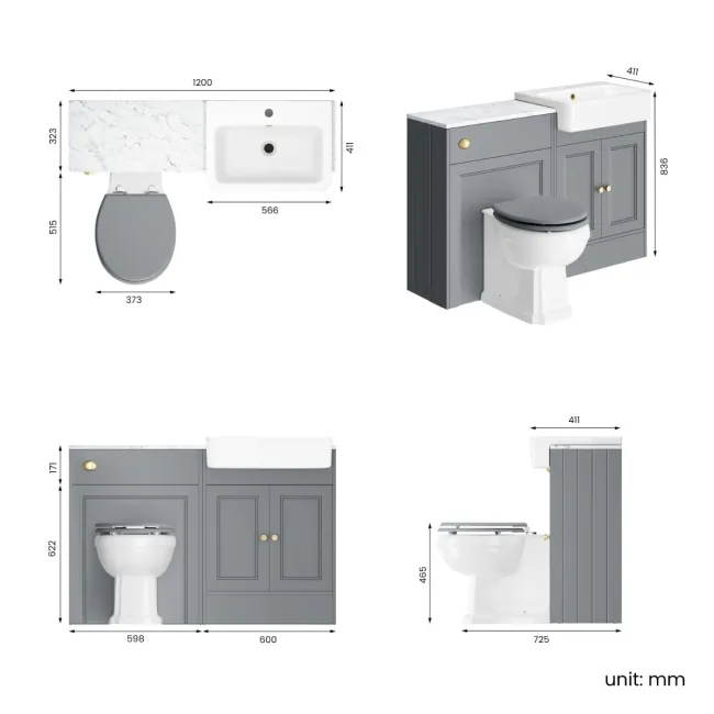 Monaco Dove Grey Combination Vanity Basin with Marble Top & Hudson Toilet with Wooden Seat 1200mm - Brushed Brass Accents