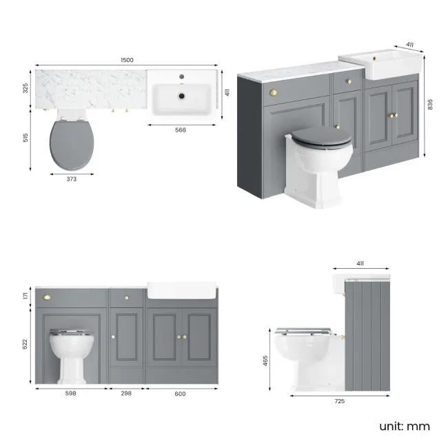 Monaco Dove Grey Combination Vanity Basin with Marble Top and Hudson Toilet with Wooden Seat 1500mm - Brushed Brass Accents