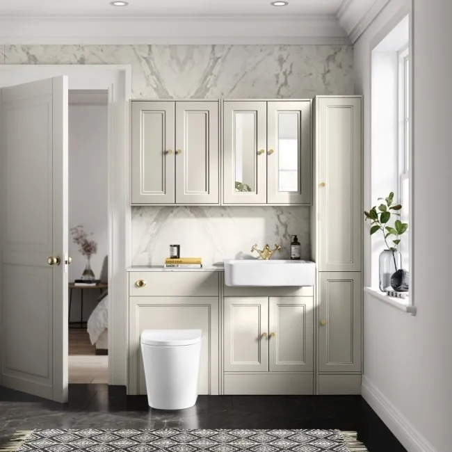 Monaco Chalk White Combination Vanity Basin with Marble Top & Boston Toilet 1200mm - Brushed Brass Accents