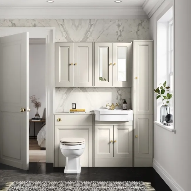 Monaco Chalk White Combination Vanity Traditional Basin and Hudson Toilet with Wooden Seat 1200mm - Brushed Brass Accents